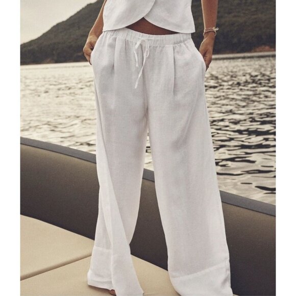Zara Linen Wide Leg Drawstring Pants in White - Picture 2 of 4